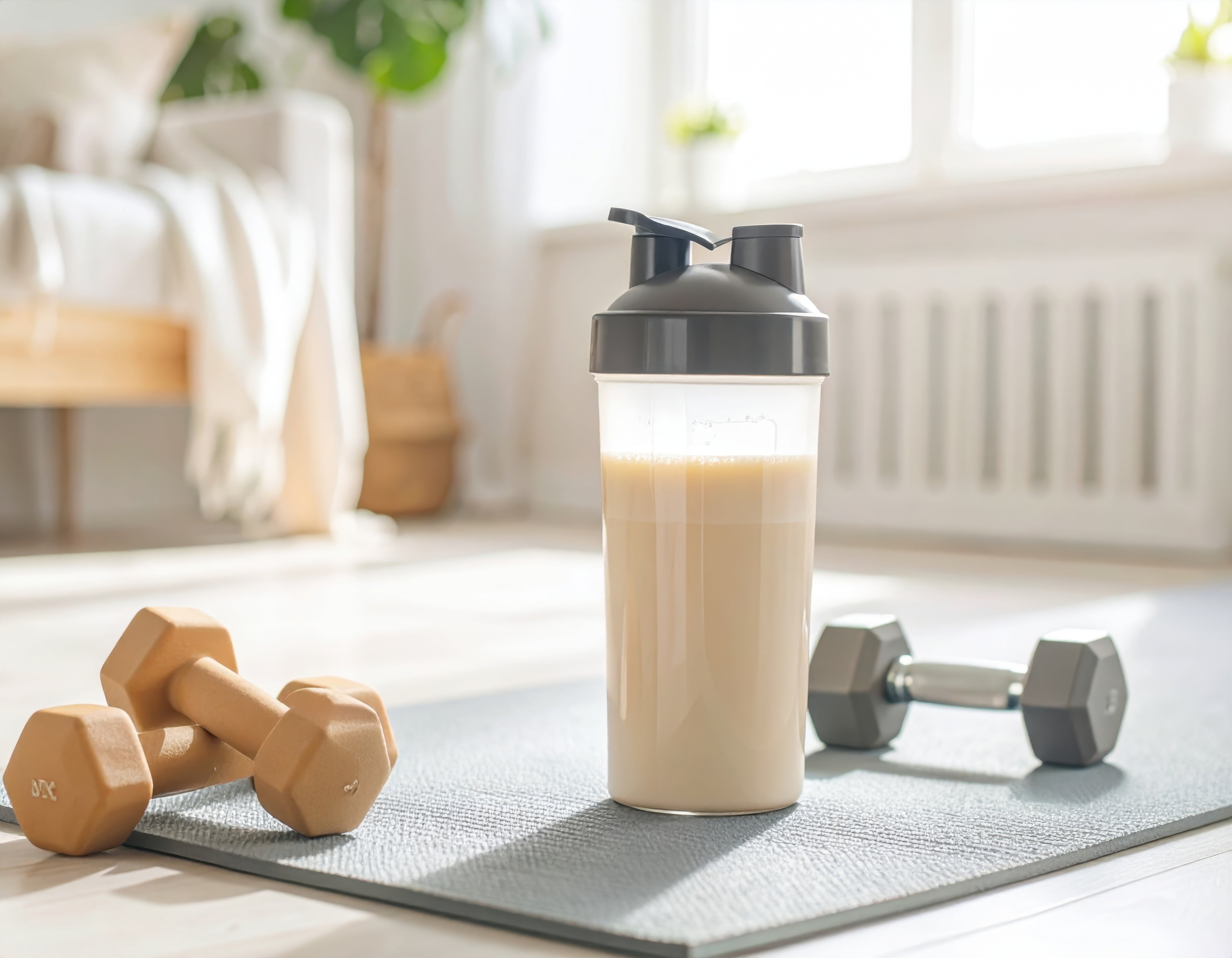 Shaker bottle with a protein shake on a yoga mat with dumbbells and weights in a home setting