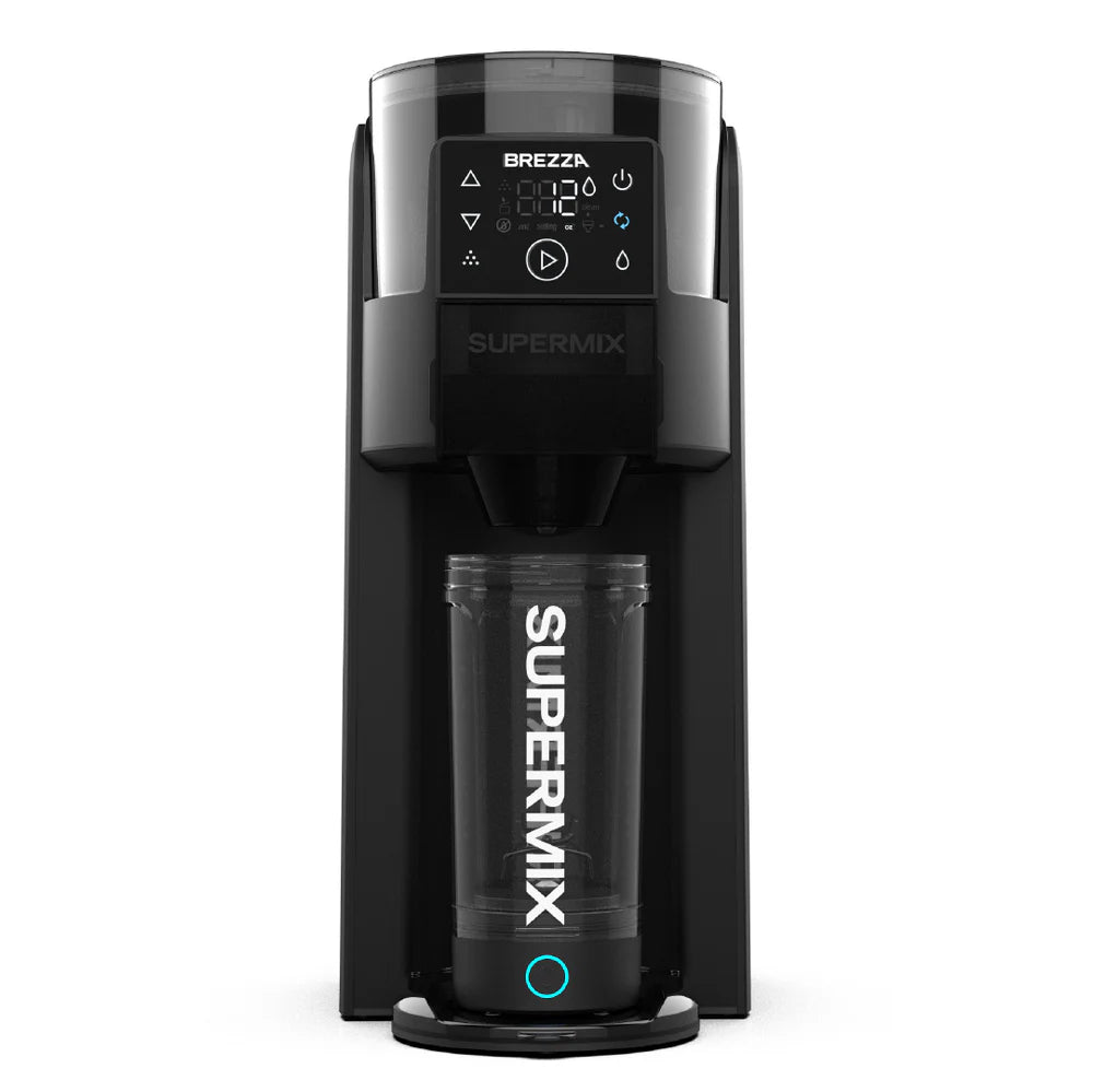 Front view of the Brezza Supermix protein shake maker – first appliance that automatically makes a clump-free protein shake at the touch of a button