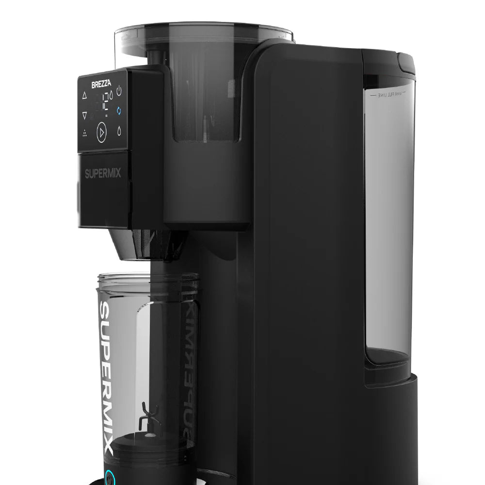 Side view of the Brezza Supermix protein shake maker with powder container that holds over 1 pound of protein powder and water tank that holds 3 liters