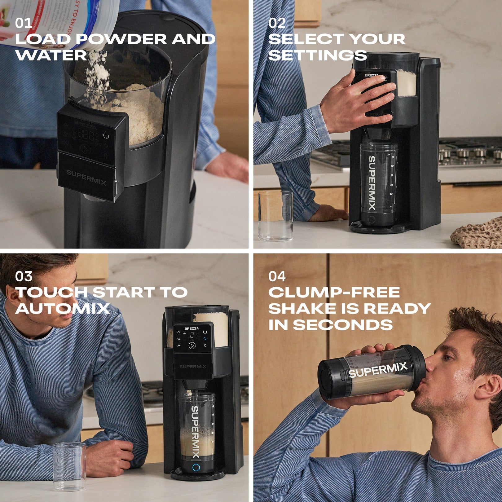 A man sets up his Brezza Supermix shake maker on a sleek kitchen countertop. He’s filling the built-in water tank and adding protein powder to the airtight container, preparing to make a clump-free shake with the touch of a button.