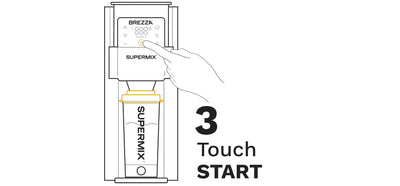 Illustration of a hand pressing a button on a Supermix device with '3 Touch Start' text.