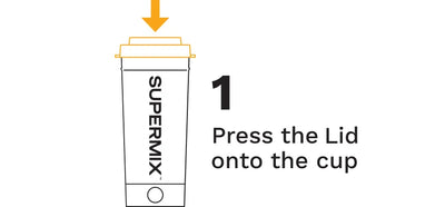 Instructional diagram showing how to press the lid onto a Supermix container.