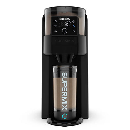 Front view of the Brezza Supermix protein shake maker – sleek, black countertop appliance designed for effortless protein shakes. Filled with chocolate protein powder and showing a smooth chcolate protein shake in the automatic mixing cup