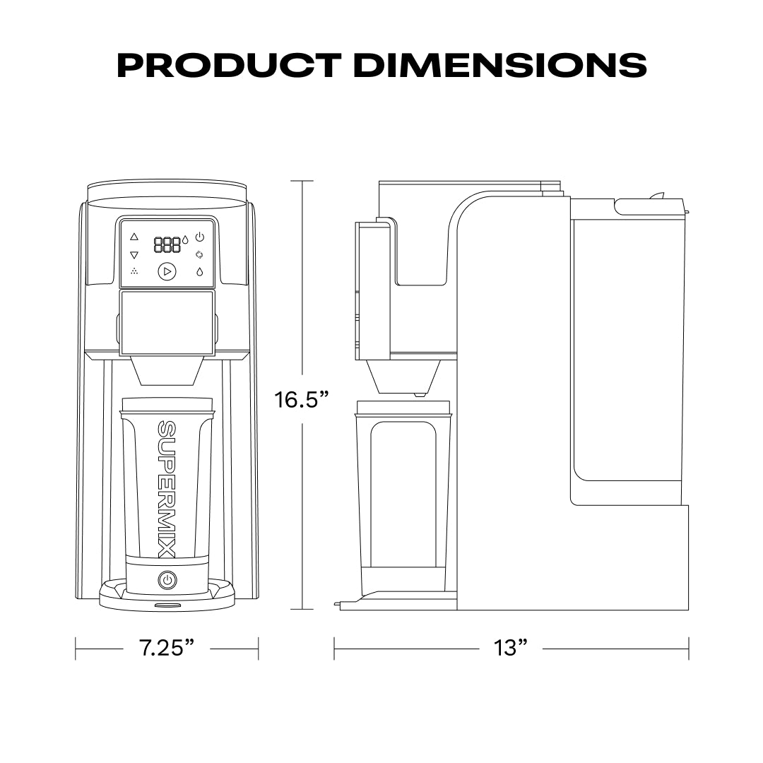 Diagram of the Supermix with the dimensions labeled

