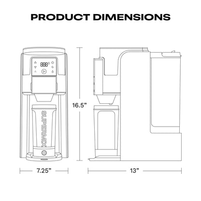 Diagram of the Supermix with the dimensions labeled
