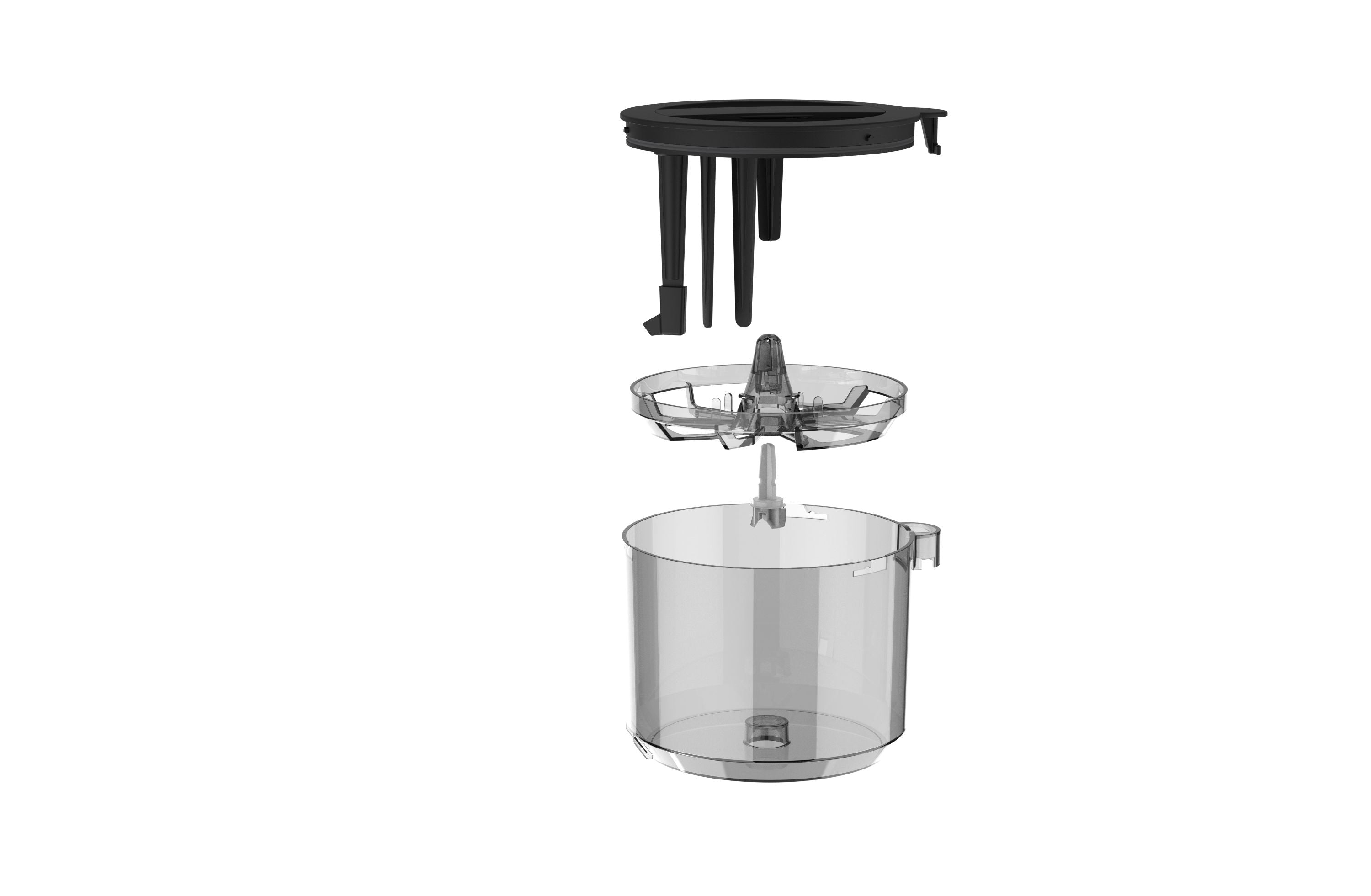 An exploded image of all the components to the Supermix powder container 